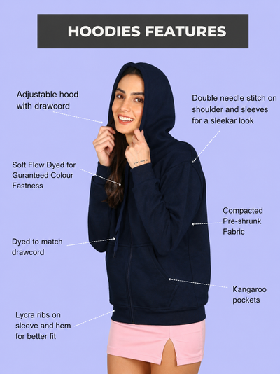 Women’s Navy Blue Solid Zipper Hooded Hoodie Stylish & Comfortable