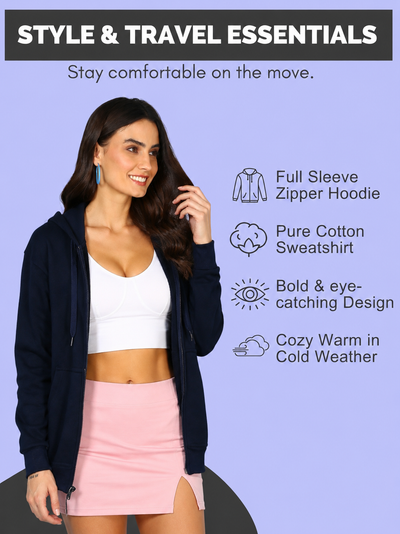 Women’s Navy Blue Solid Zipper Hooded Hoodie Stylish & Comfortable
