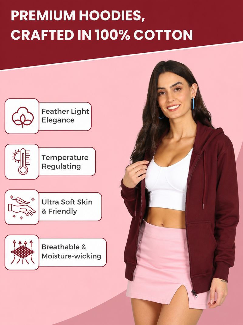 Women’s Maroon Solid Zipper Hooded Hoodie Stylish & Comfortable