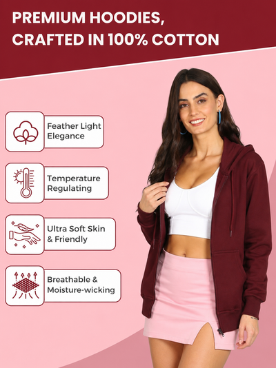 Women’s Maroon Solid Zipper Hooded Hoodie Stylish & Comfortable