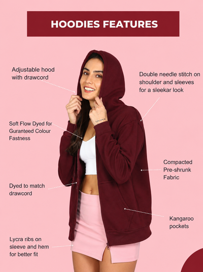 Women’s Maroon Solid Zipper Hooded Hoodie Stylish & Comfortable