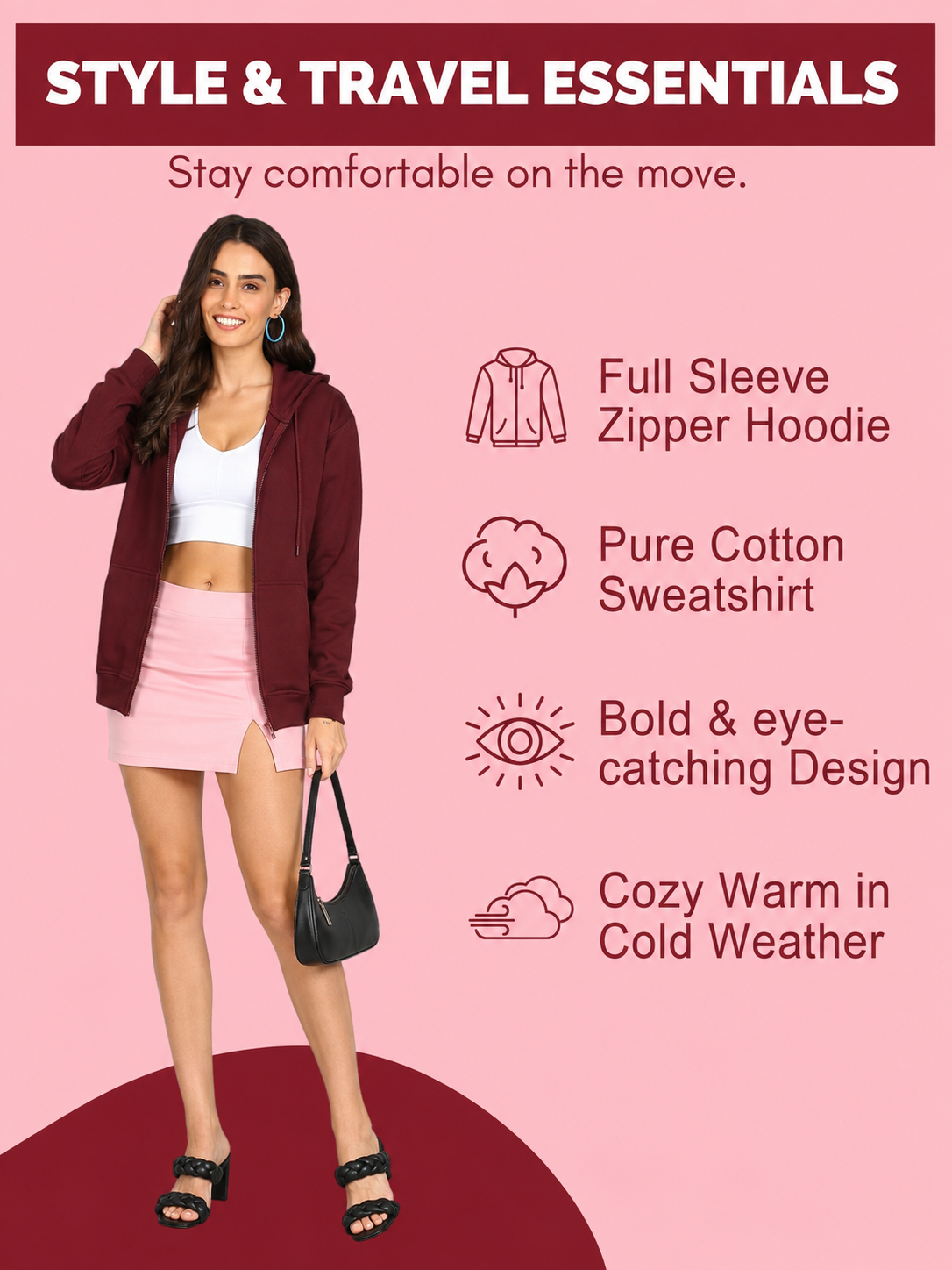 Women’s Maroon Solid Zipper Hooded Hoodie Stylish & Comfortable