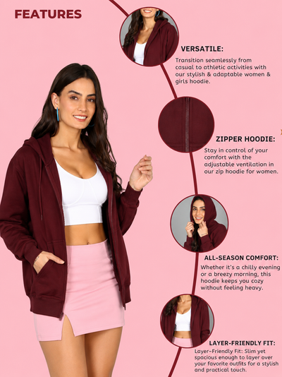 Women’s Maroon Solid Zipper Hooded Hoodie Stylish & Comfortable