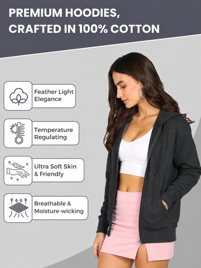 Women’s Charcoal Grey Solid Zipper Hooded Hoodie Stylish & Comfortable