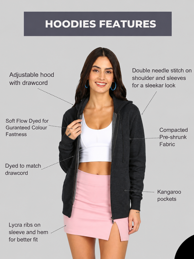 Women’s Charcoal Grey Solid Zipper Hooded Hoodie Stylish & Comfortable