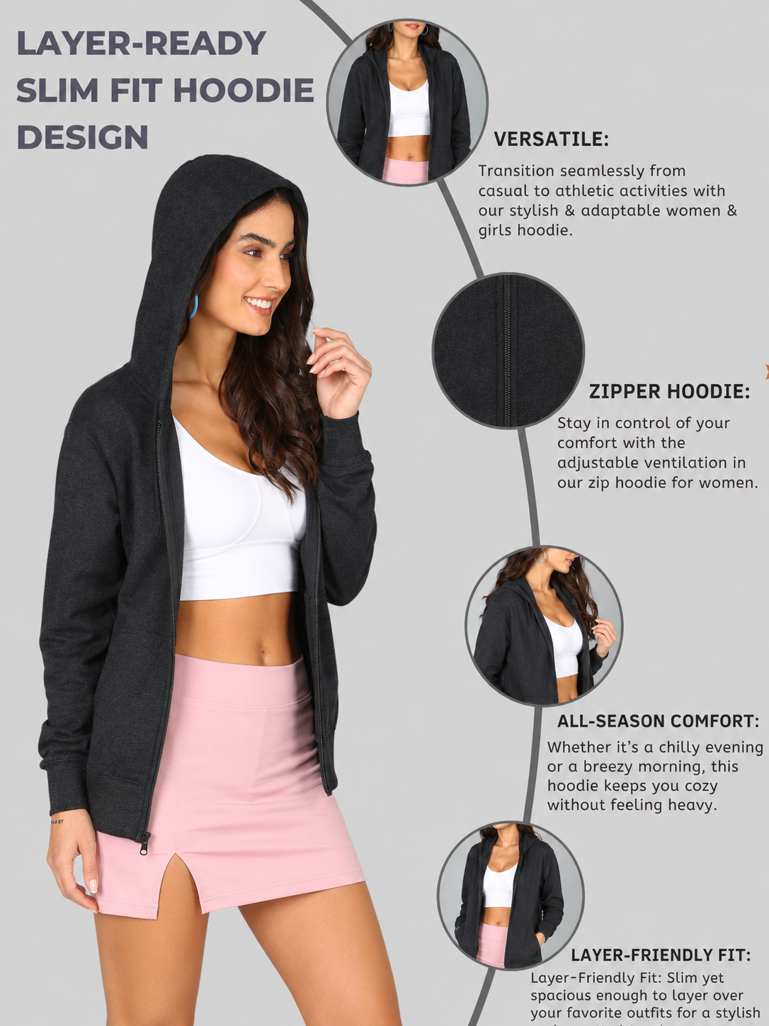 Women’s Charcoal Grey Solid Zipper Hooded Hoodie Stylish & Comfortable