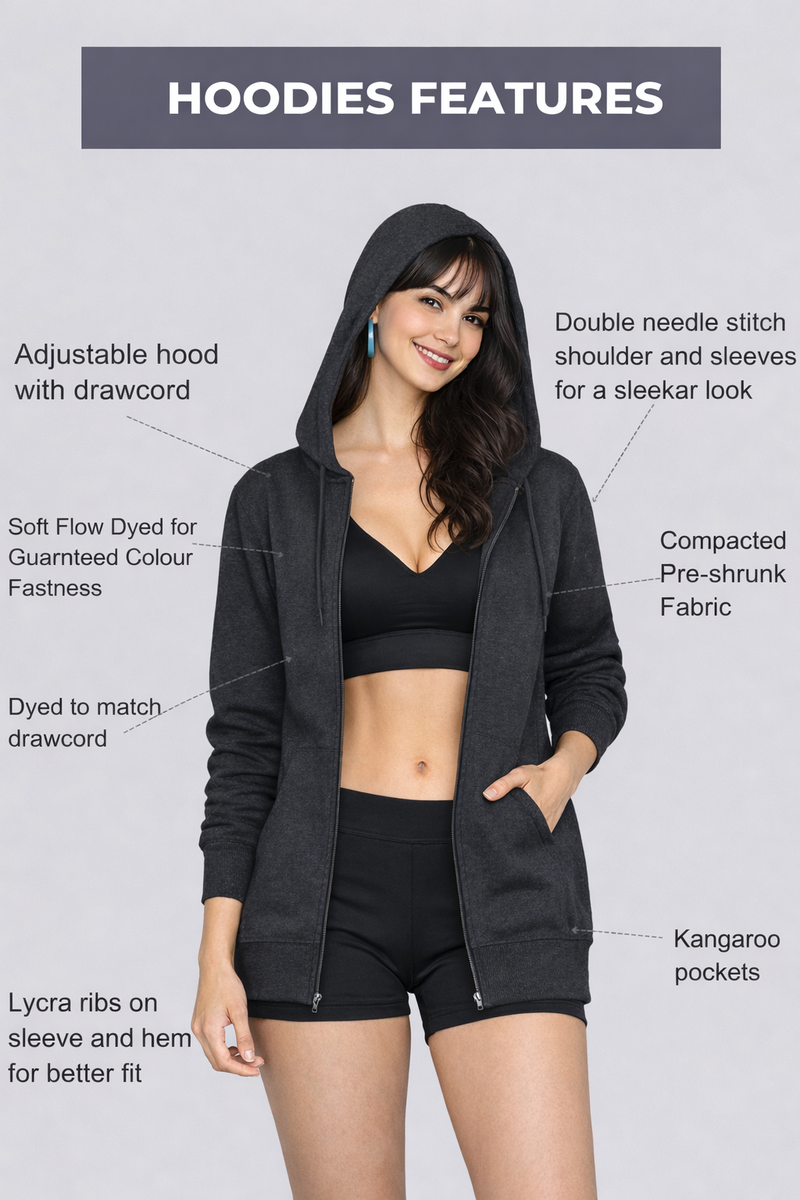 Women’s Charcoal Grey Plain Zipper Hooded Hoodie Stylish & Comfortable