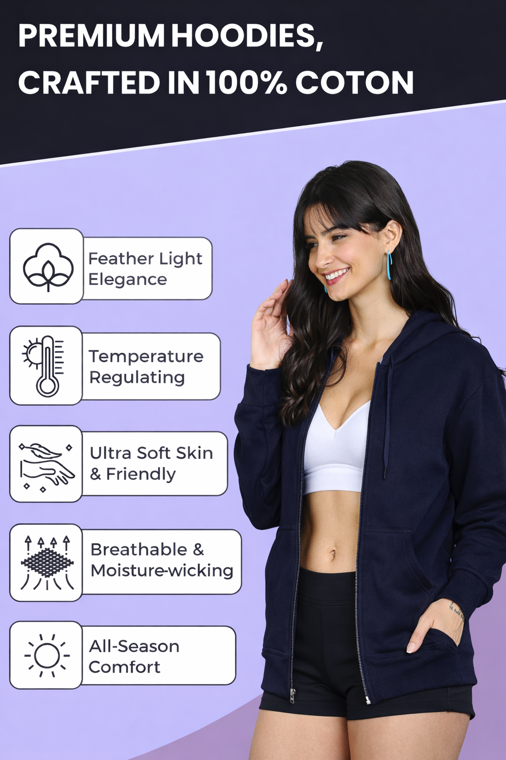Women’s Navy Blue Plain Zipper Hooded Hoodie Stylish & Comfortable