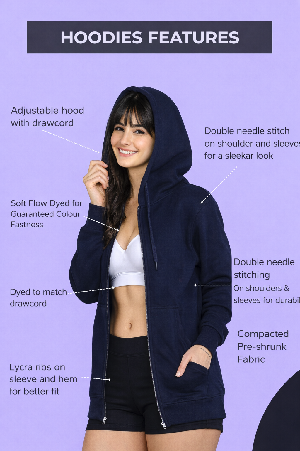 Women’s Navy Blue Plain Zipper Hooded Hoodie Stylish & Comfortable