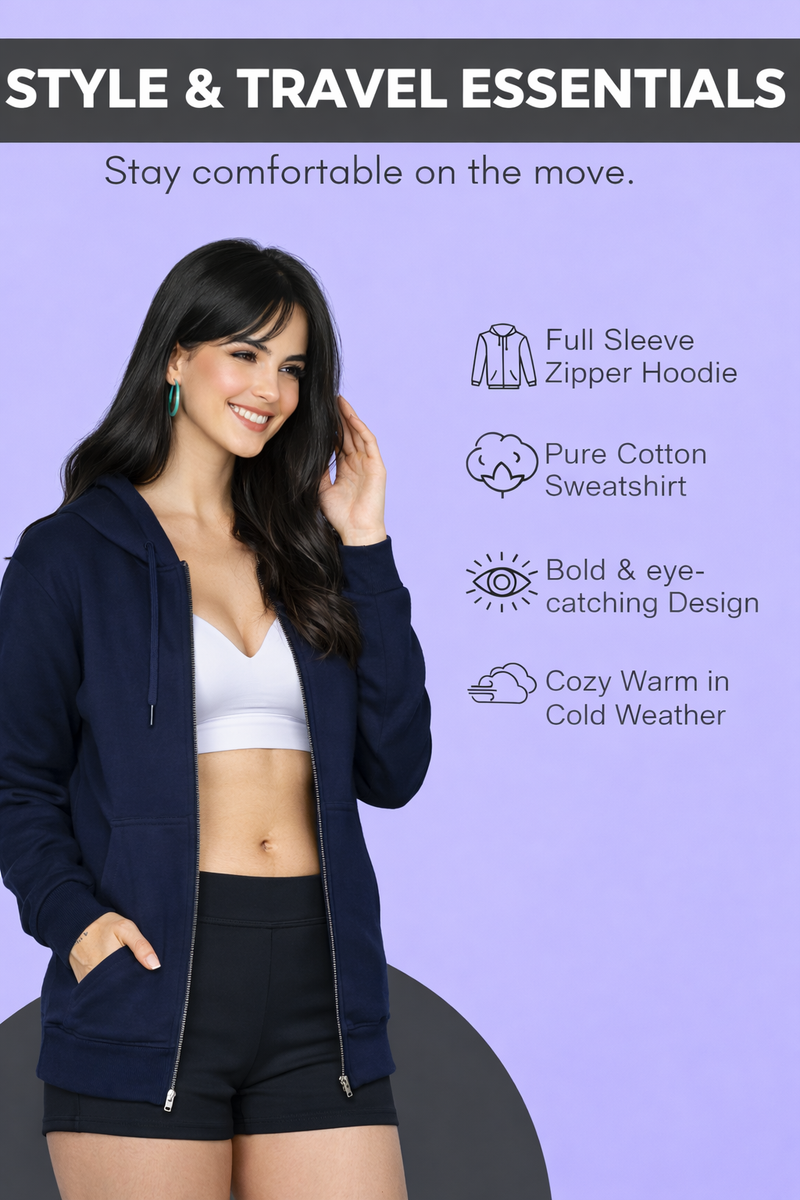 Women’s Navy Blue Plain Zipper Hooded Hoodie Stylish & Comfortable