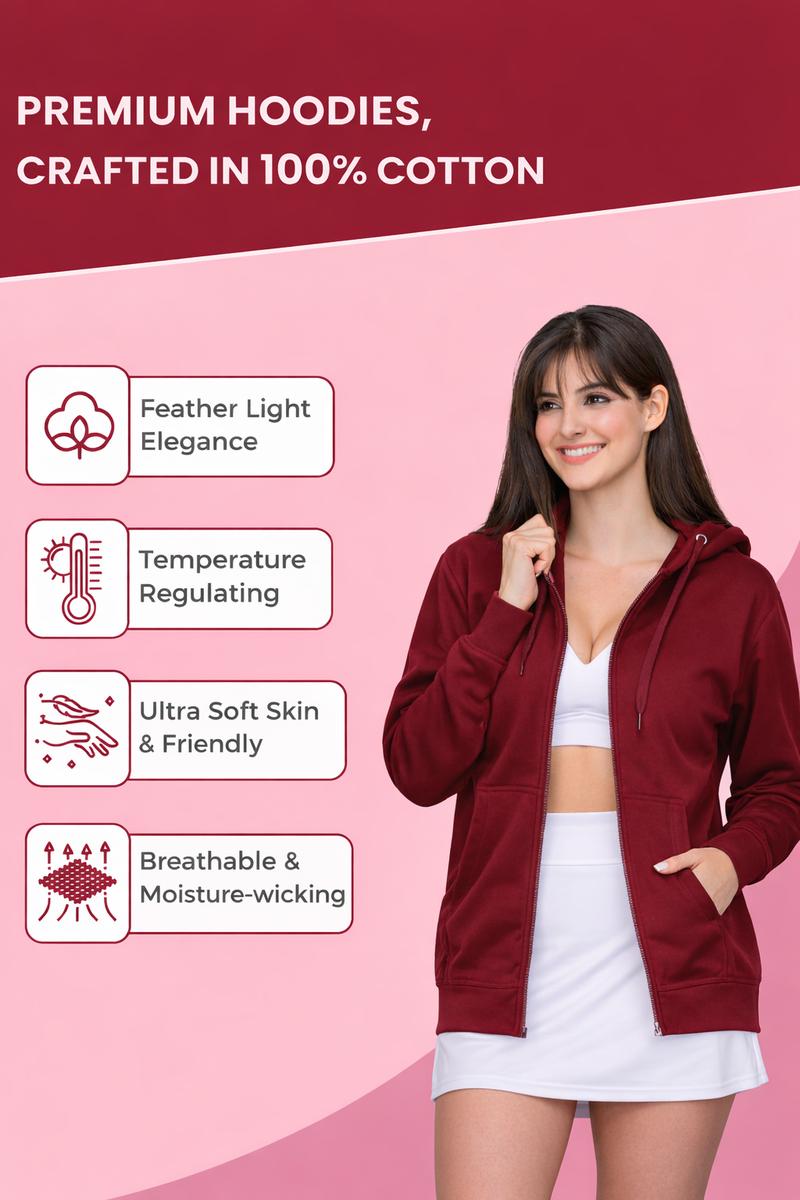 Women’s Maroon Plain Zipper Hooded Hoodie Stylish & Comfortable