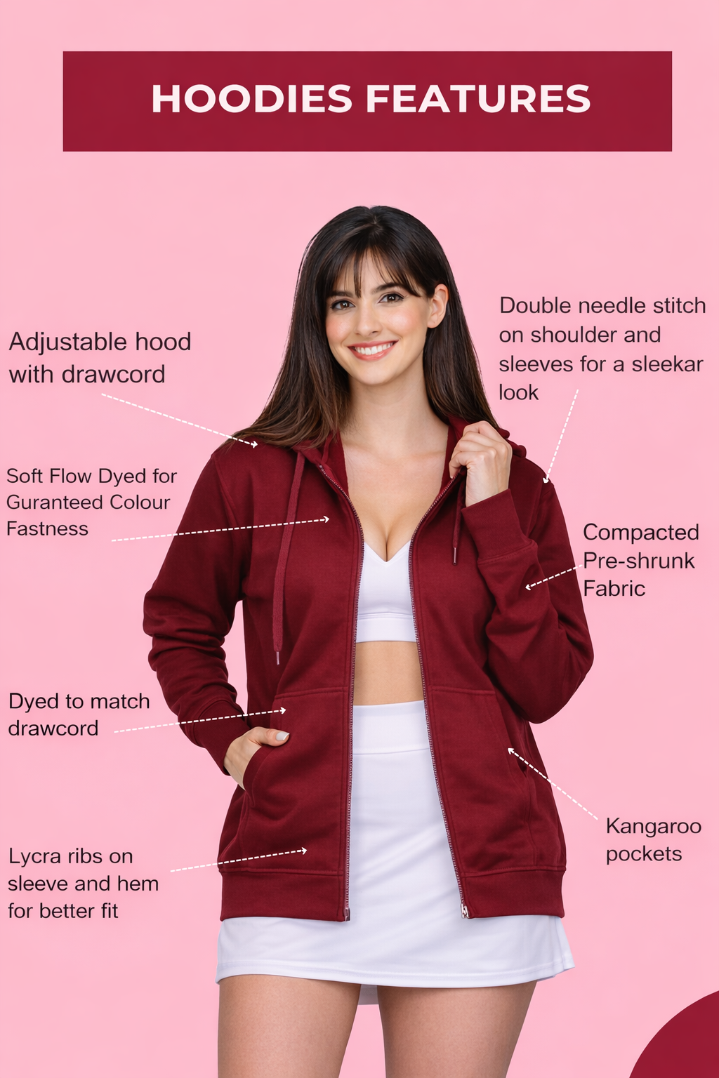 Women’s Maroon Plain Zipper Hooded Hoodie Stylish & Comfortable