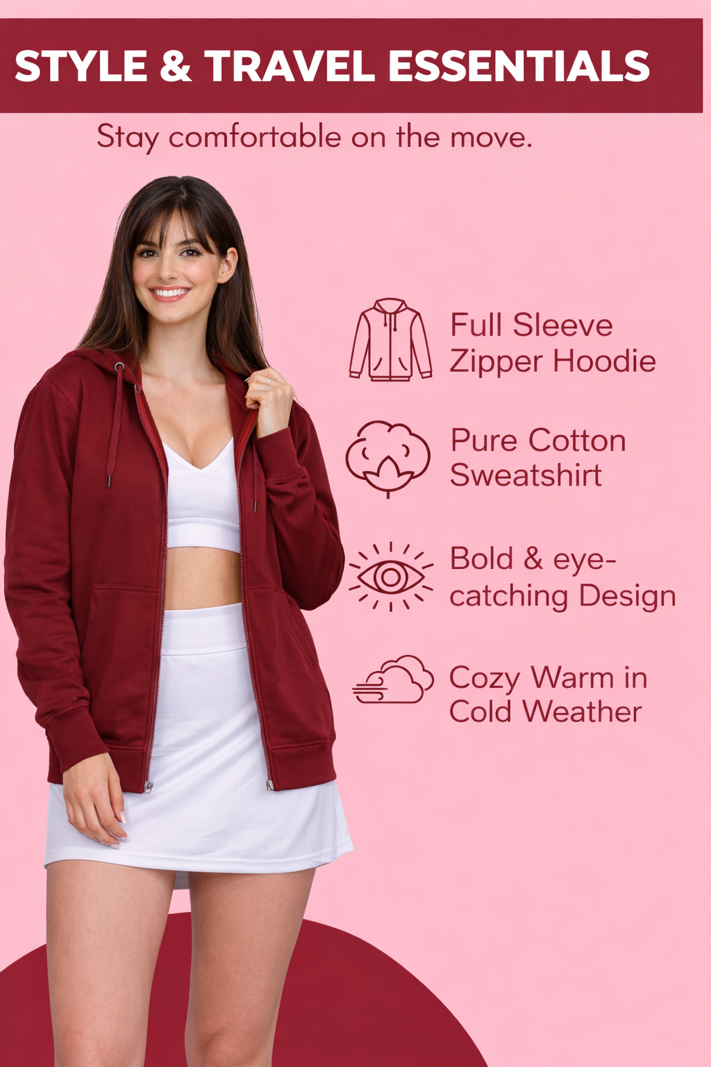 Women’s Maroon Plain Zipper Hooded Hoodie Stylish & Comfortable