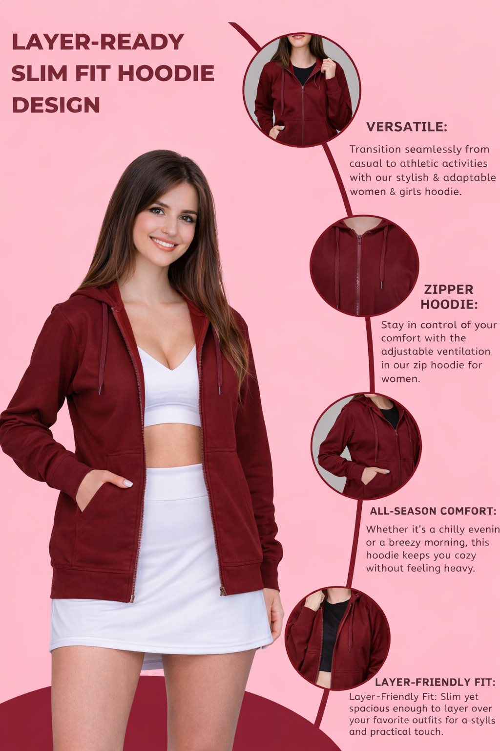 Women’s Maroon Plain Zipper Hooded Hoodie Stylish & Comfortable
