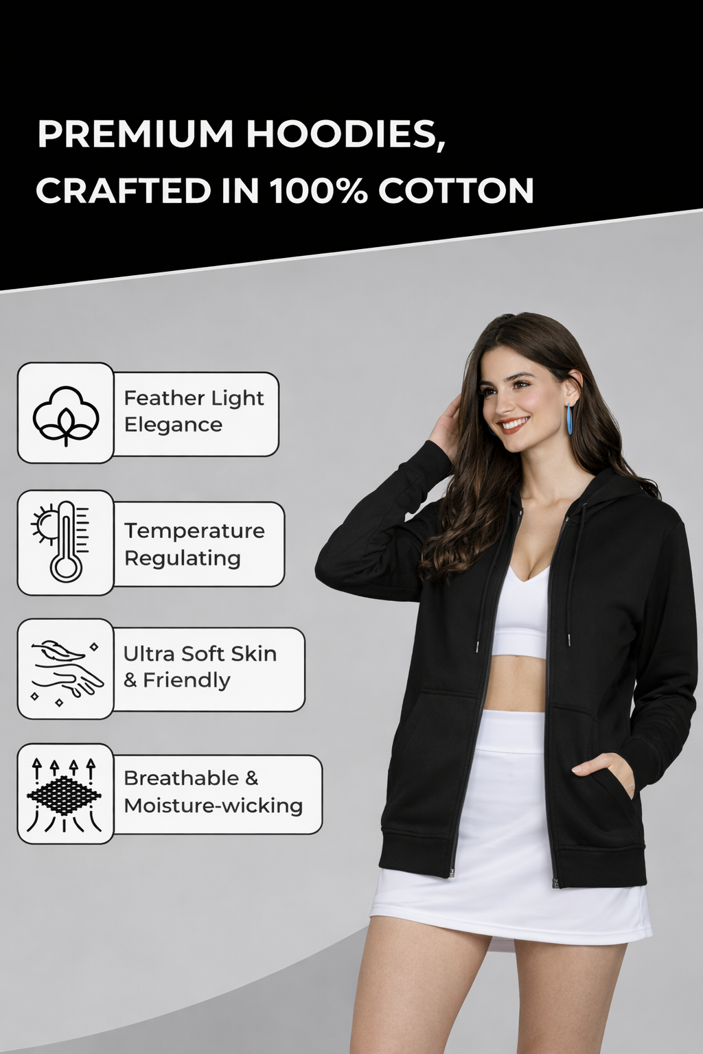 Women’s Black Plain Zipper Hooded Hoodie Stylish & Comfortable