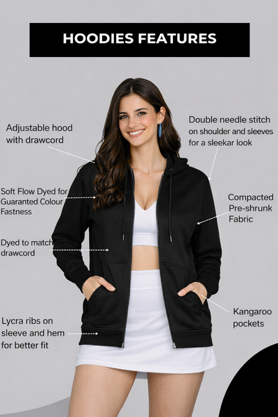 Women’s Black Plain Zipper Hooded Hoodie Stylish & Comfortable