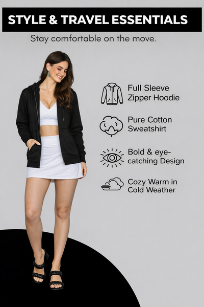 Women’s Black Plain Zipper Hooded Hoodie Stylish & Comfortable