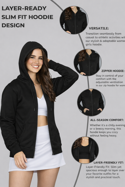 Women’s Black Plain Zipper Hooded Hoodie Stylish & Comfortable