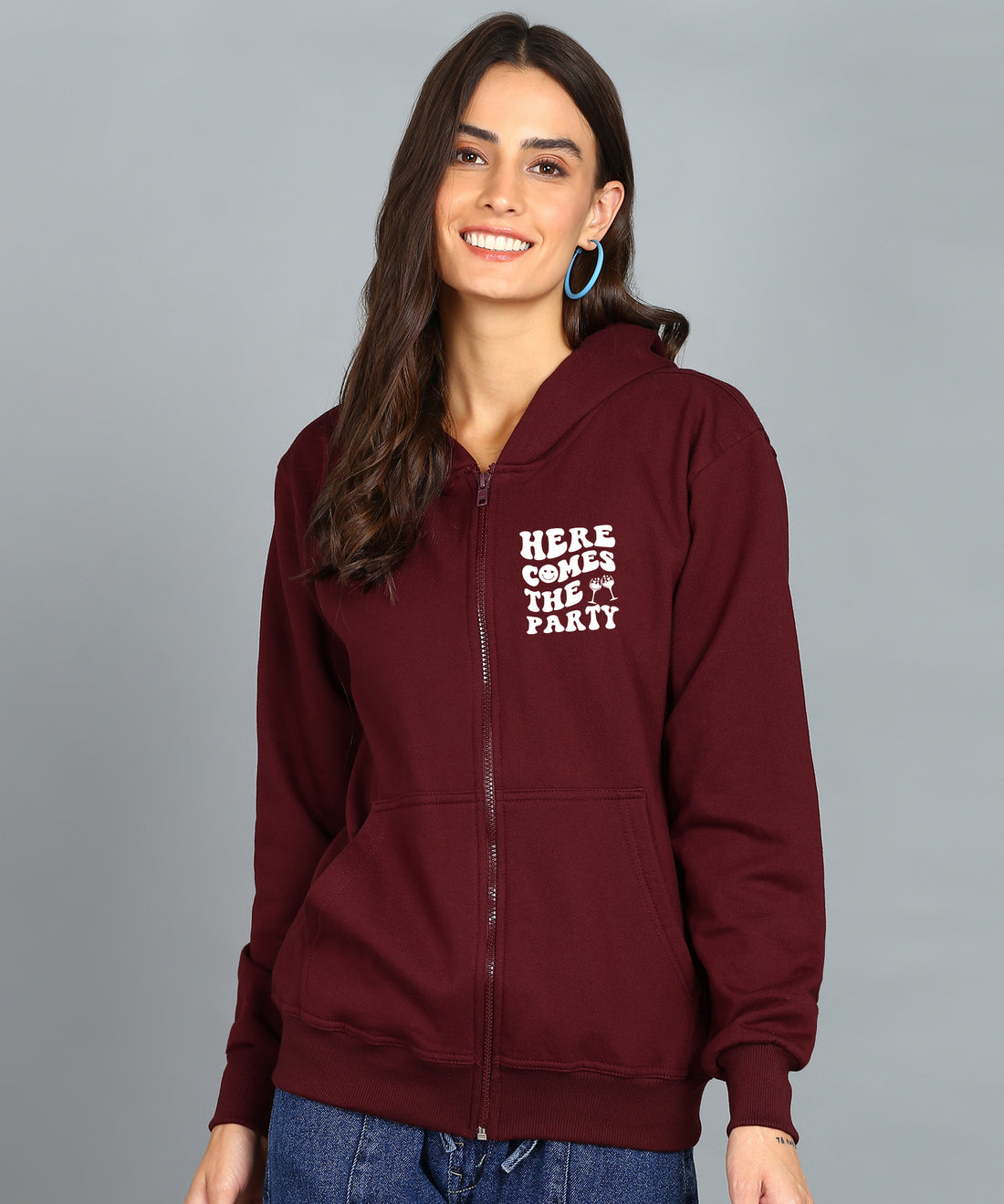 Back Printed Women's Cotton Full Zipper Sweatshirt Hoodies with Kangaroo Pocket Winter Wear Hooded Neck Sweatshirt