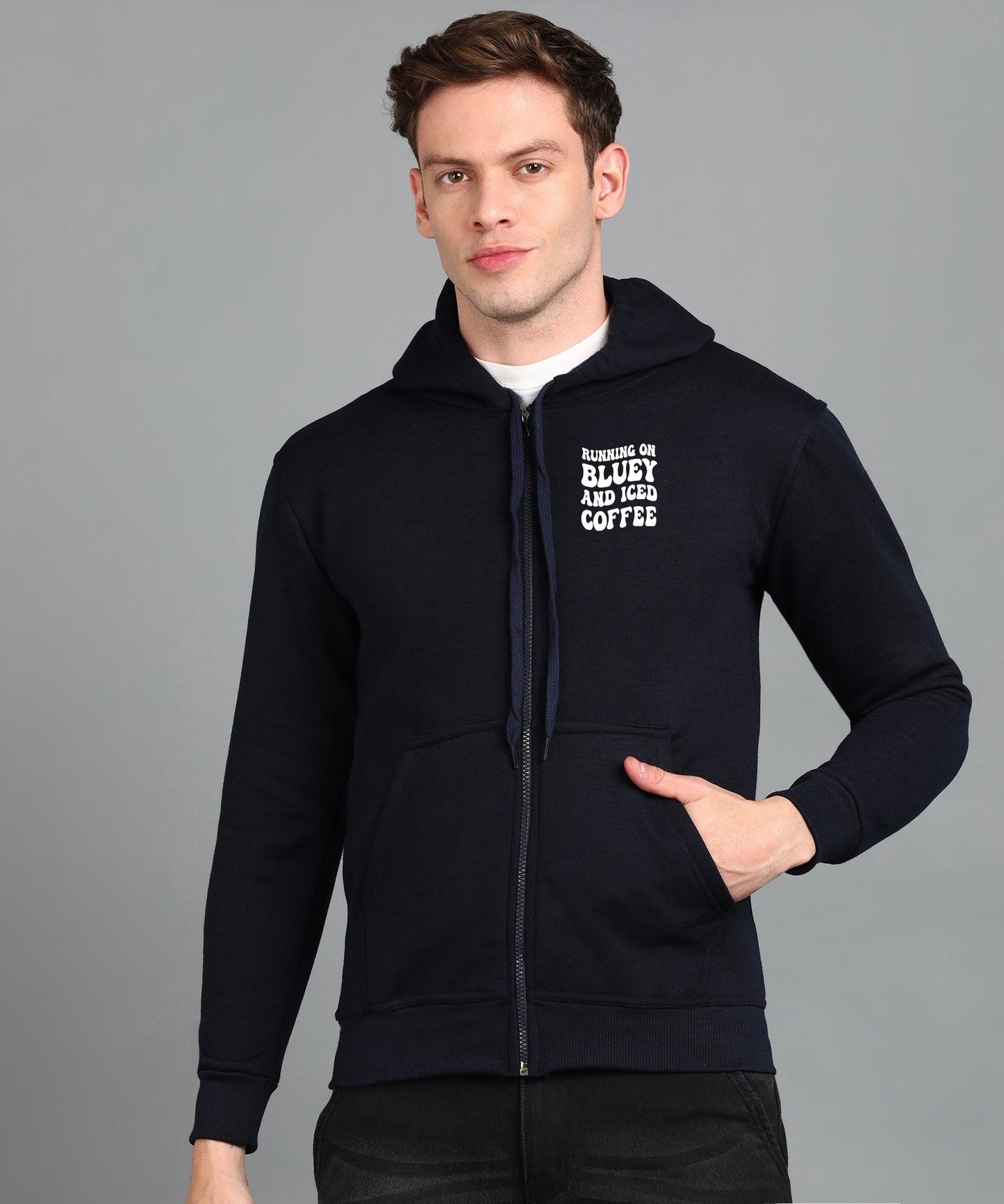Running on Bluey and Iced Coffee Men’s Zipper Hoodie | Stylish & Cozy