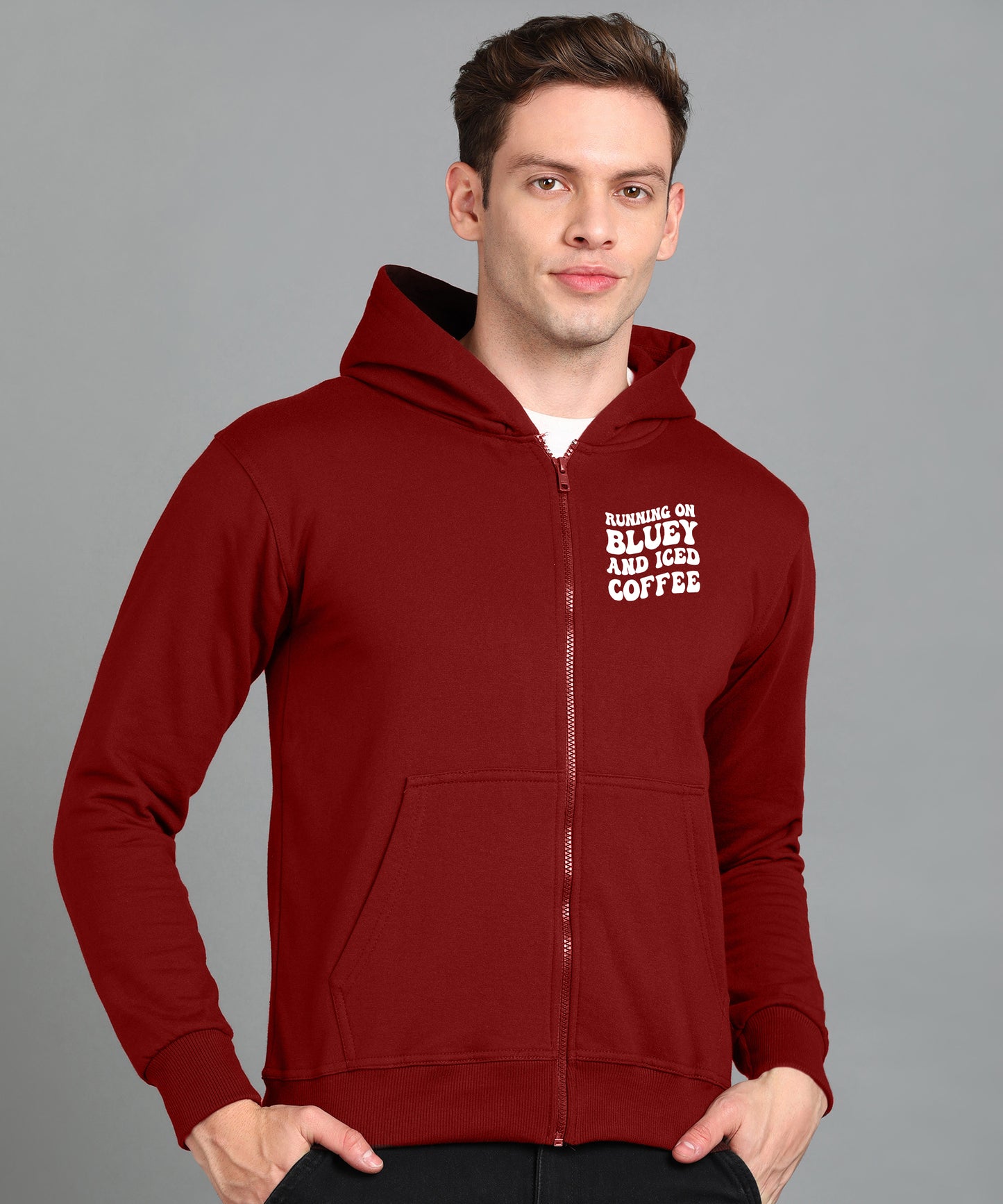 Running on Bluey and Iced Coffee Men’s Zipper Hoodie | Stylish & Cozy