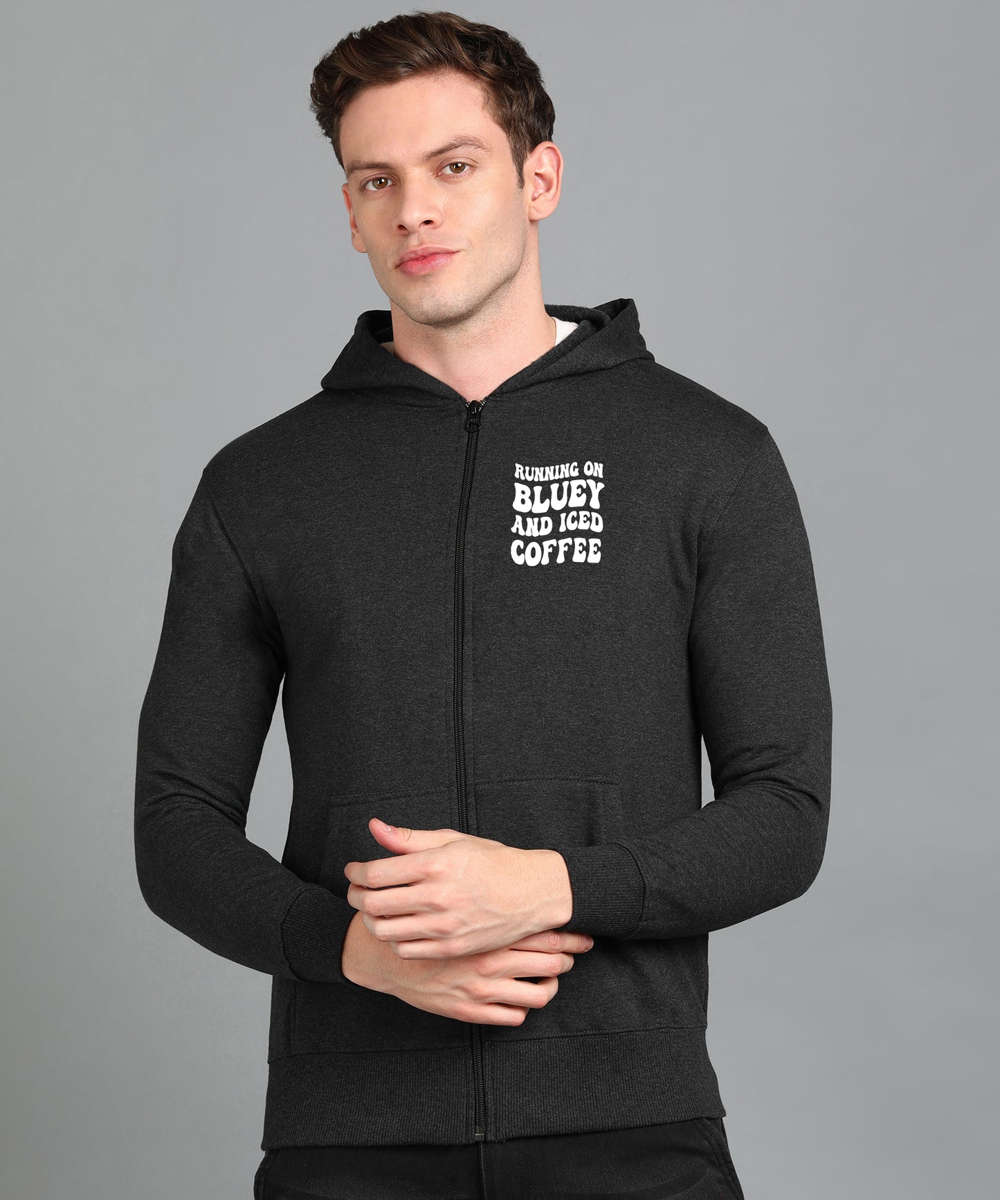 Running on Bluey and Iced Coffee Men’s Zipper Hoodie | Stylish & Cozy