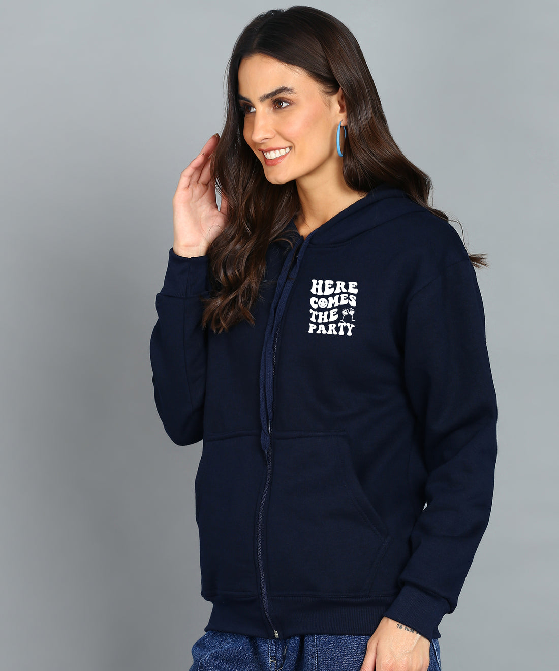Back Printed Women's Cotton Full Zipper Sweatshirt Hoodies with Kangaroo Pocket Winter Wear Hooded Neck Sweatshirt