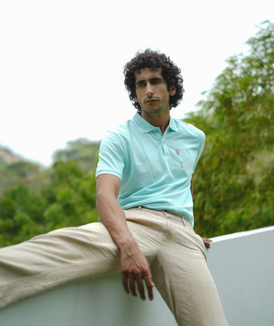 Men Mint Blue Premium Tipping Polo T-shirt