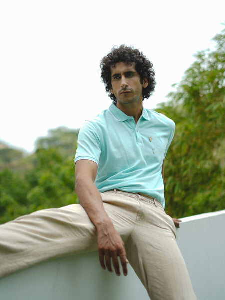 Men Mint Blue Premium Tipping Polo T-shirt
