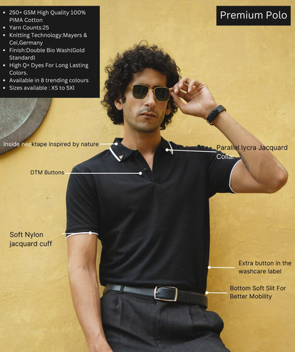 Men Black Premium Tipping Polo T-shirt
