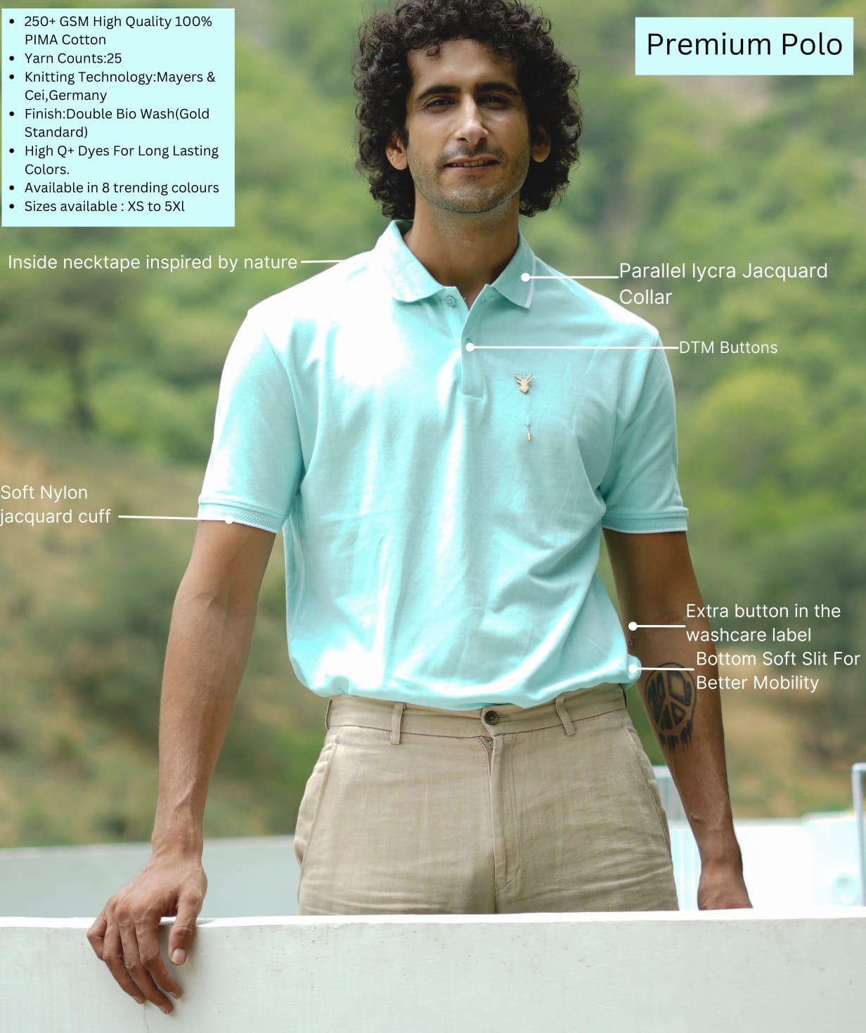 Men Mint Blue Premium Tipping Polo T-shirt