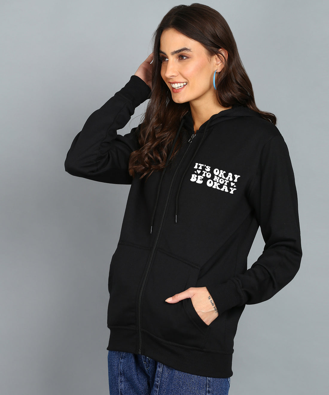 Back Printed Women's Cotton Full Zipper Sweatshirt Hoodies with Kangaroo Pocket Winter Wear Hooded Neck Sweatshirt