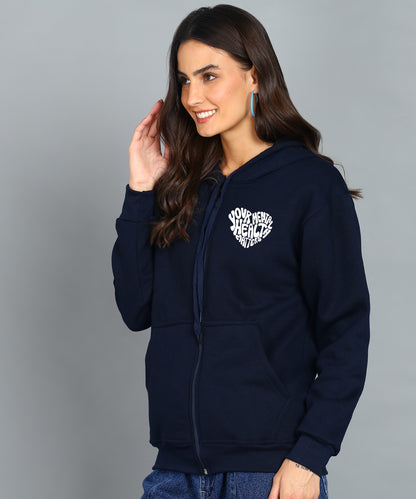 Back Printed Women's Cotton Full Zipper Sweatshirt Hoodies with Kangaroo Pocket Winter Wear Hooded Neck Sweatshirt