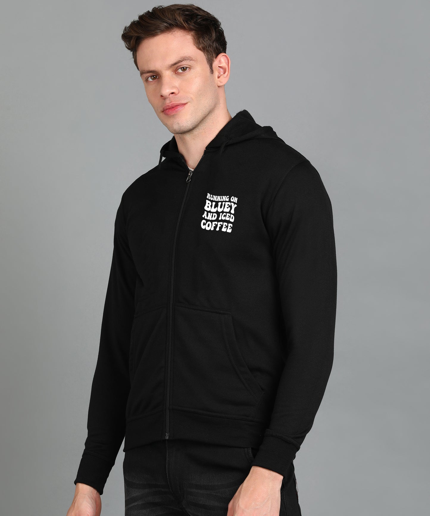 Running on Bluey and Iced Coffee Men’s Zipper Hoodie | Stylish & Cozy