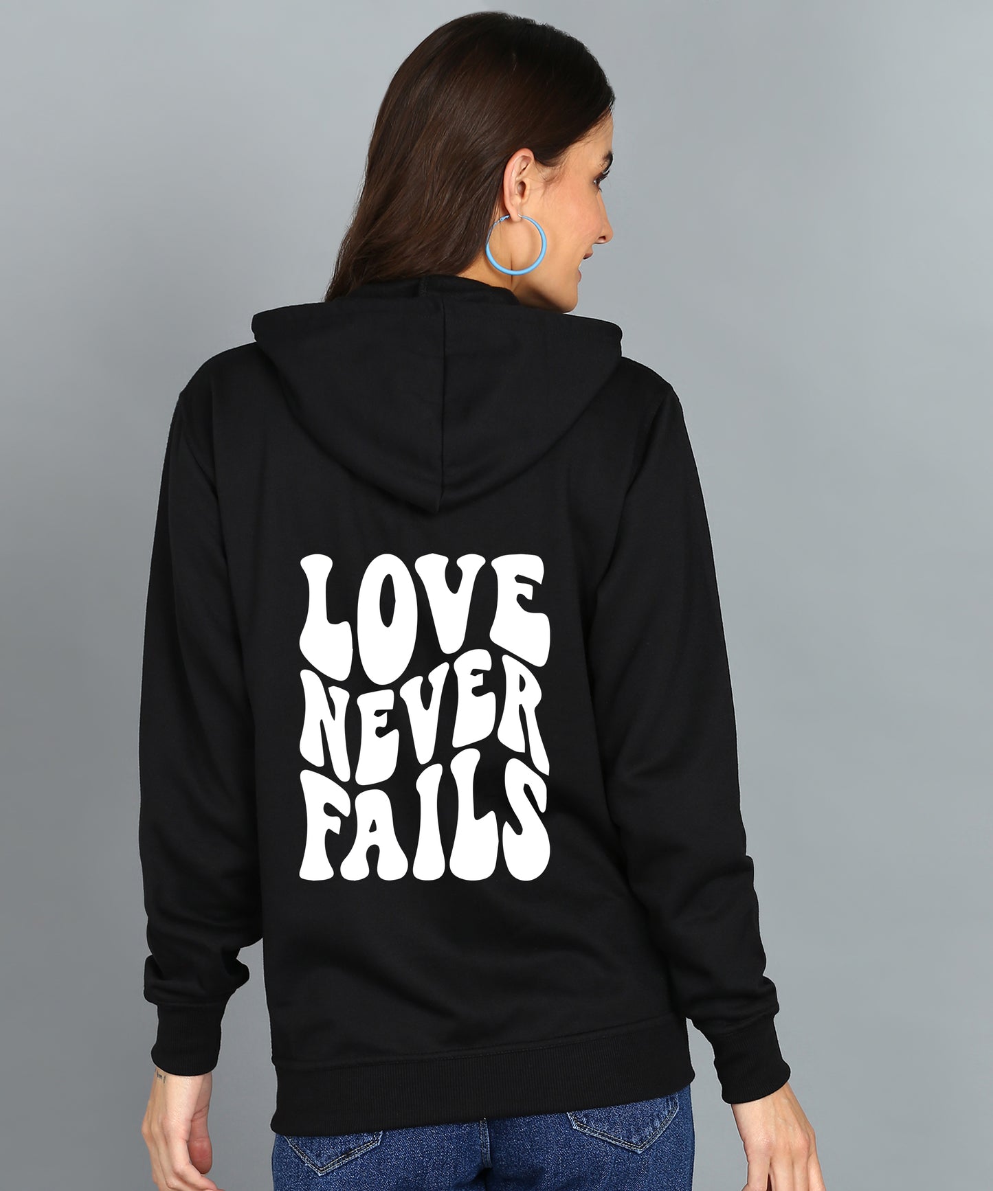 Love Never Fails Women’s Black Zipper Hoodie - Stylish & Comfortable