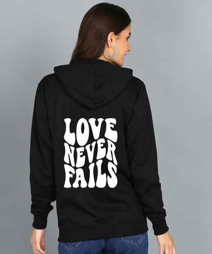 Love Never Fails Women’s Black Zipper Hoodie - Stylish & Comfortable