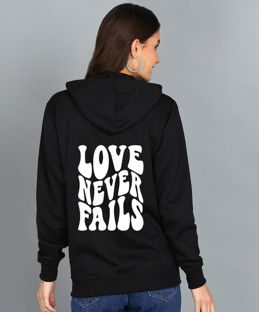 Love Never Fails Women’s Black Zipper Hoodie - Stylish & Comfortable
