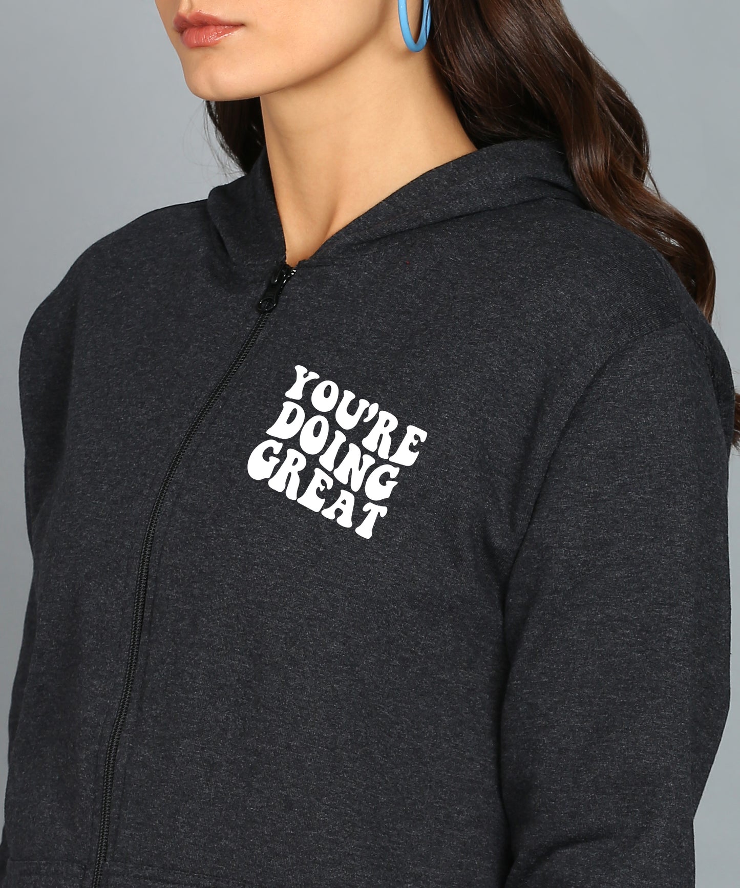 Back Printed Women's Cotton Full Zipper Sweatshirt Hoodies with Kangaroo Pocket Winter Wear Hooded Neck Sweatshirt