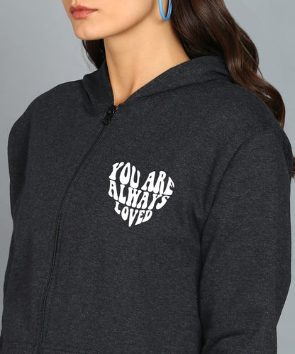 Back Printed Women's Cotton Full Zipper Sweatshirt Hoodies with Kangaroo Pocket Winter Wear Hooded Neck Sweatshirt