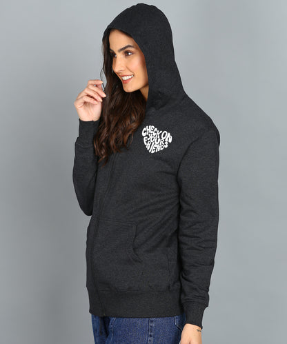 Back Printed Women's Cotton Full Zipper Sweatshirt Hoodies with Kangaroo Pocket Winter Wear Hooded Neck Sweatshirt