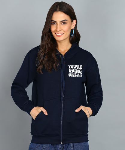 Back Printed Women's Cotton Full Zipper Sweatshirt Hoodies with Kangaroo Pocket Winter Wear Hooded Neck Sweatshirt