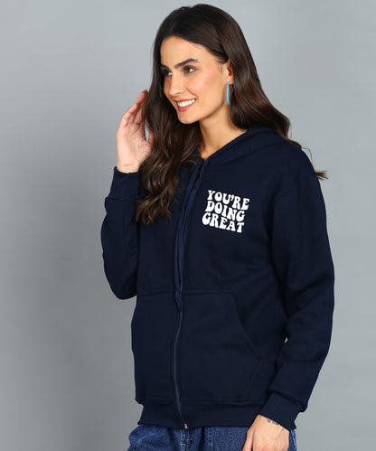Back Printed Women's Cotton Full Zipper Sweatshirt Hoodies with Kangaroo Pocket Winter Wear Hooded Neck Sweatshirt