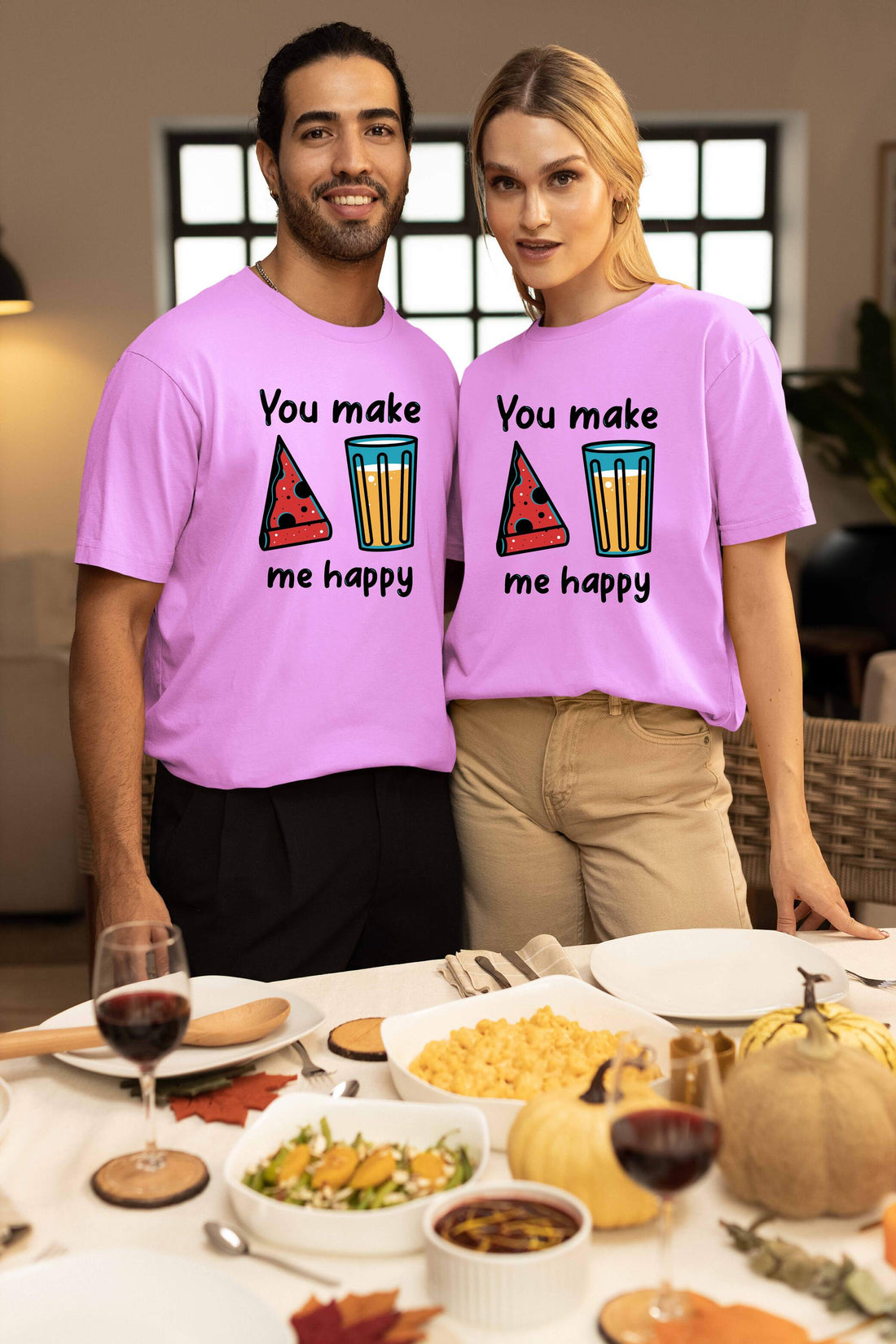 You Make Me Happy Printed Oversized Couple T-Shirts - Super Combed Cotton