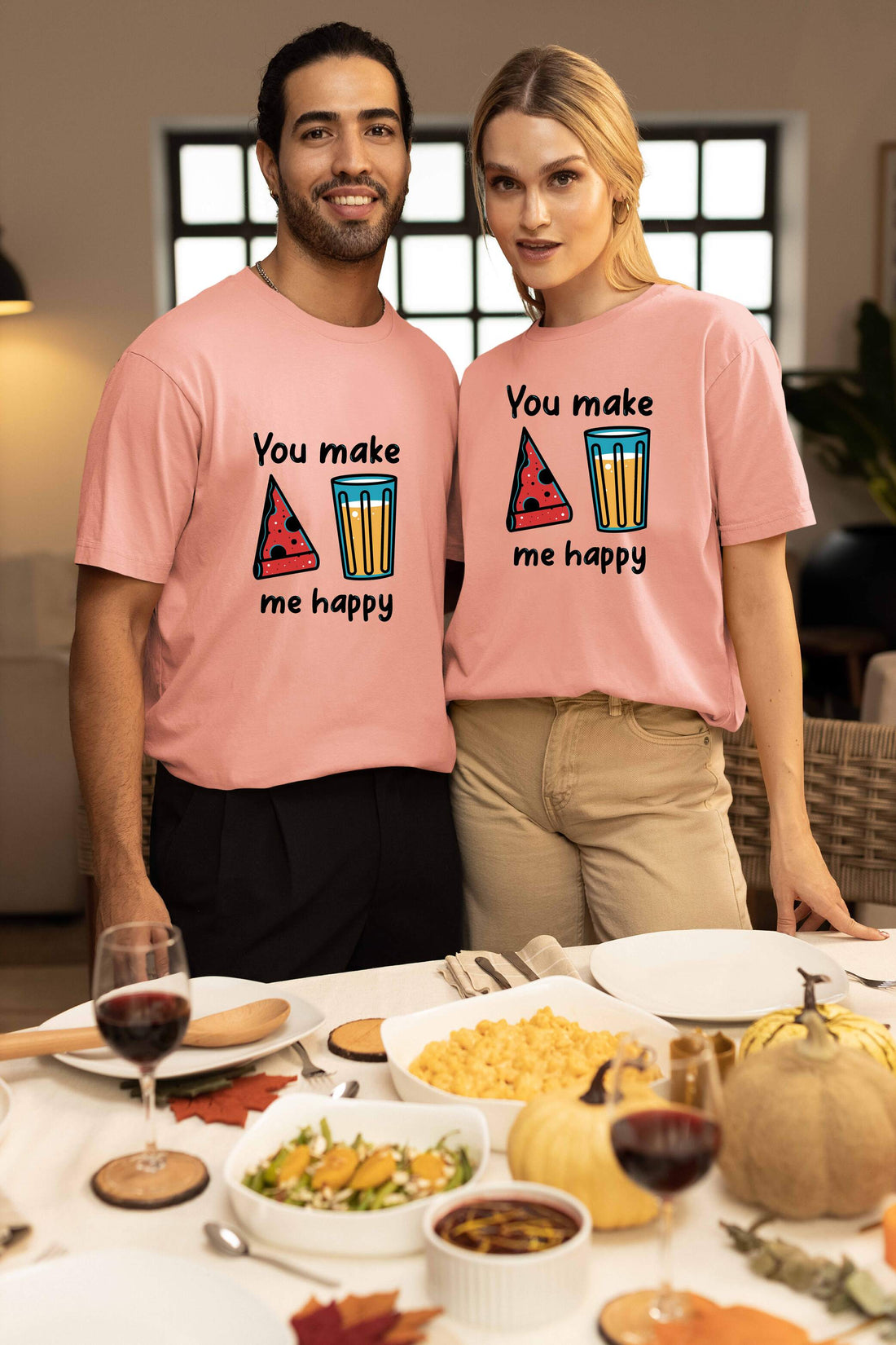 You Make Me Happy Printed Oversized Couple T-Shirts - Super Combed Cotton