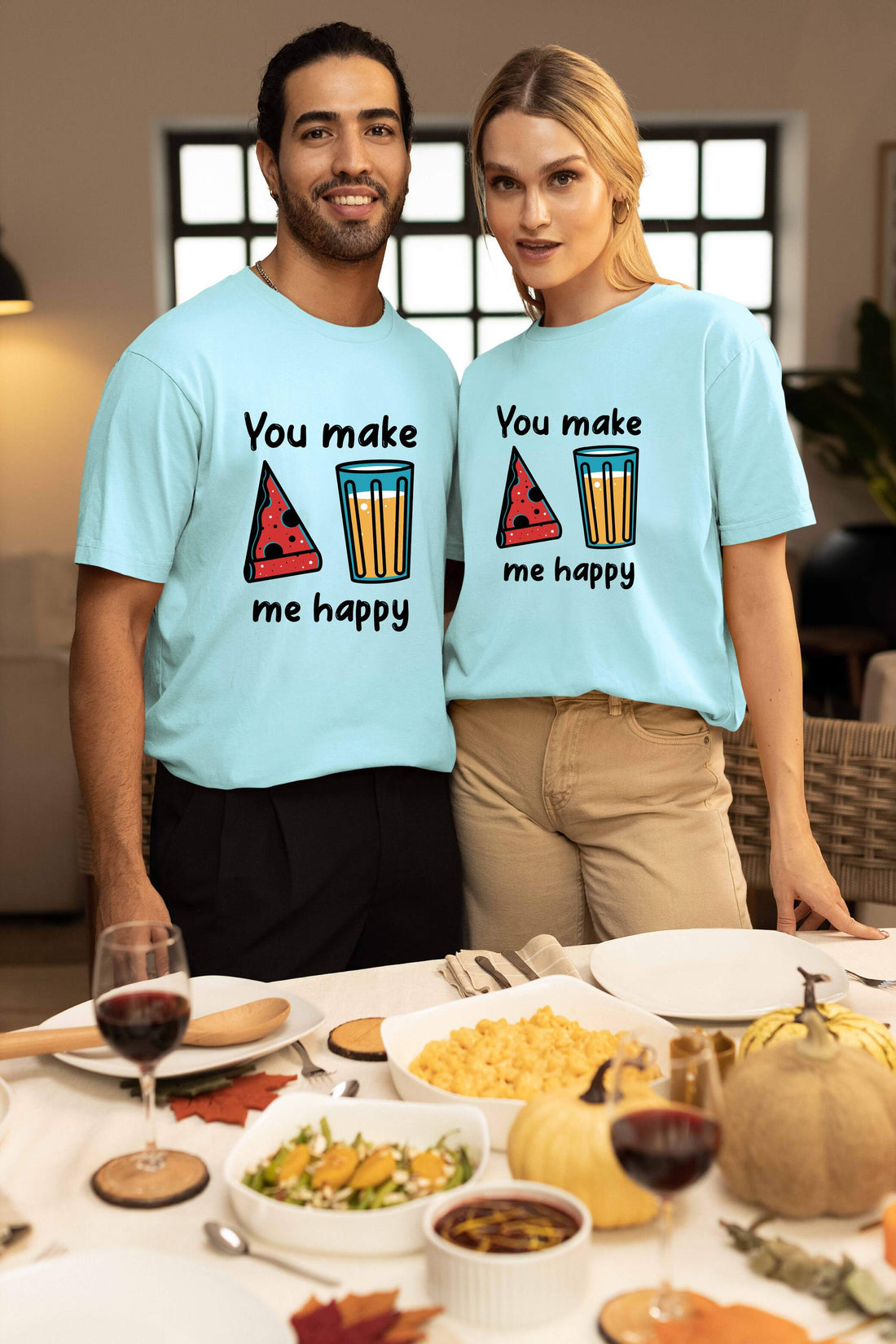 You Make Me Happy Printed Oversized Couple T-Shirts - Super Combed Cotton