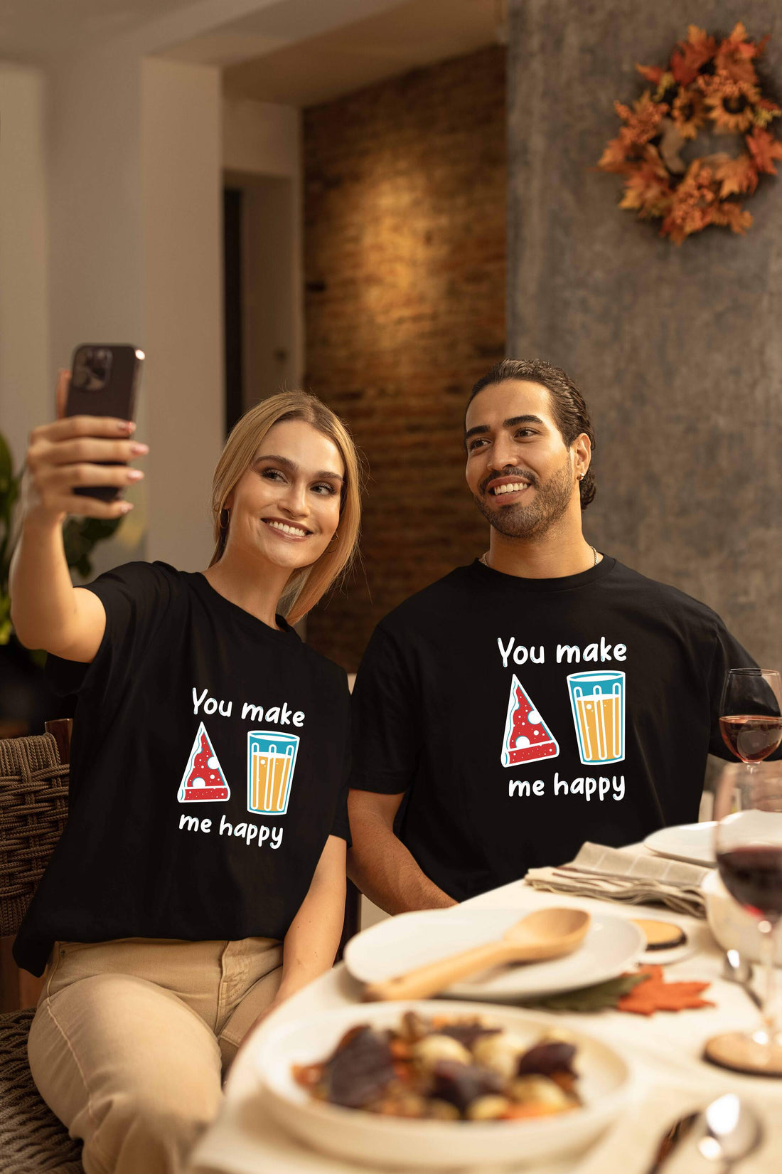 You Make Me Happy Printed Oversized Couple T-Shirts - Super Combed Cotton